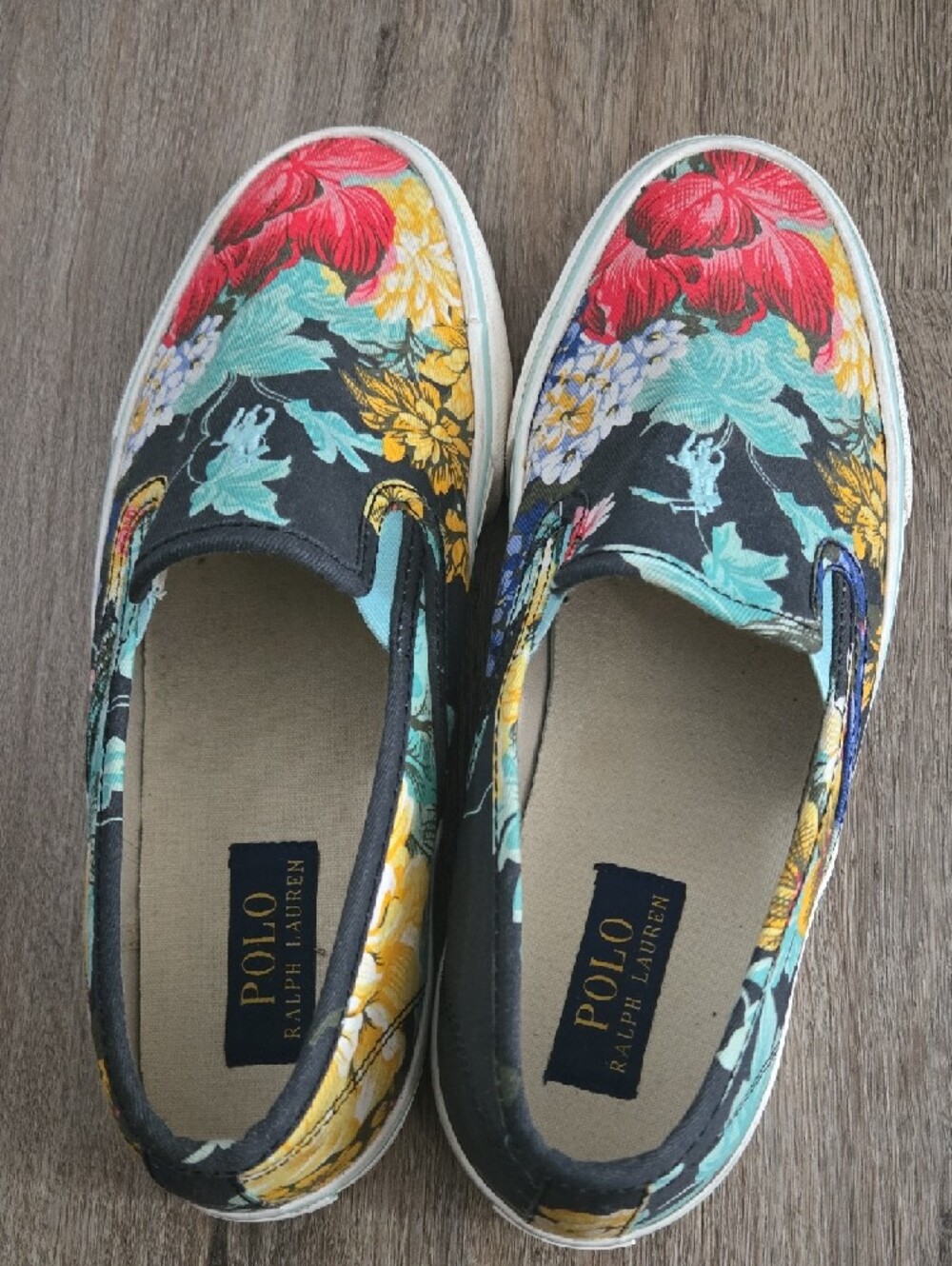 Polo by Ralph Lauren Black Floral Slip-On Sneakers with Red & Teal Accents - Picture 3 of 5
